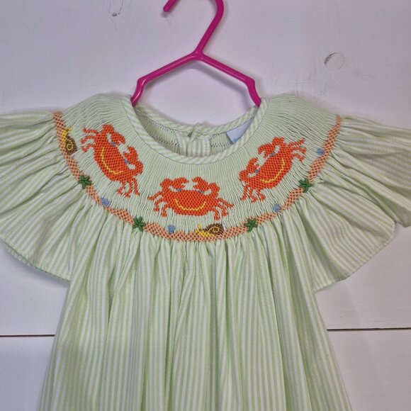 Remember Nguyen Green & White Smocked Dress W/ Orange Crab Embroidery 4T - Picture 2 of 6